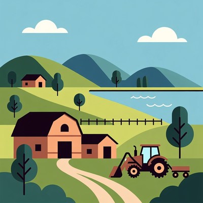 Tractor near barn in countryside