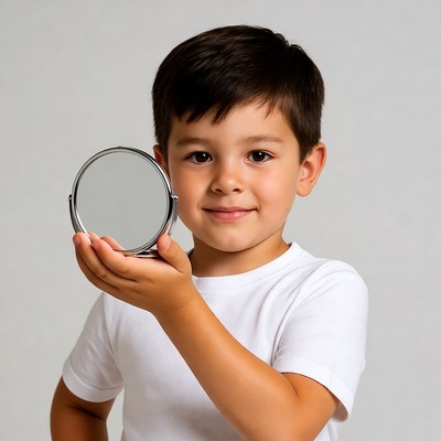 Boy holding round mirror