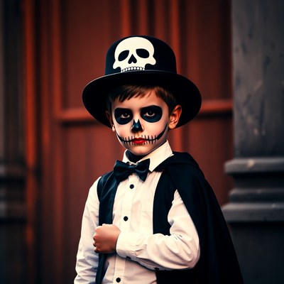 Boy in skeleton face paint and top hat