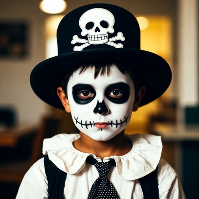 Boy in skull face paint and top hat