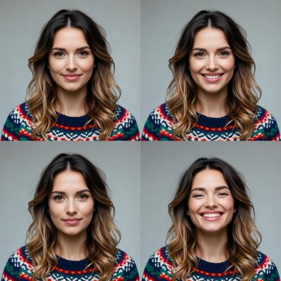 Smiling woman in colorful sweater four views
