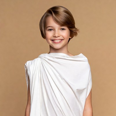 Boy in white toga smiling