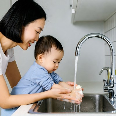 Asian mother helping baby wash hands