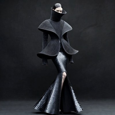 Woman in black avant-garde gown