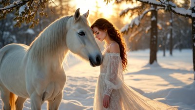 Woman embracing white horse in snowy forest