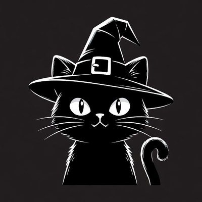 Black cat wearing witch hat