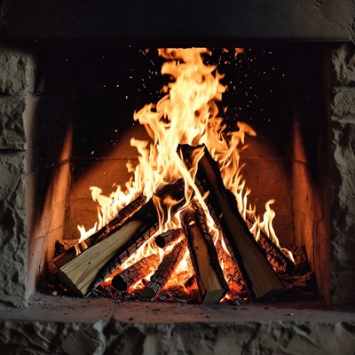 Blazing Fire in Stone Fireplace