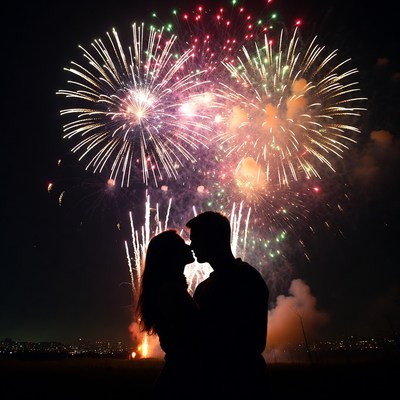 Silhouette couple kissing during fireworks