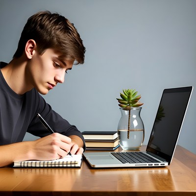 Teen boy writing notes on laptop desk