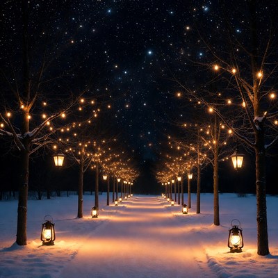 Snowy Pathway with Lanterns and Starry Sky
