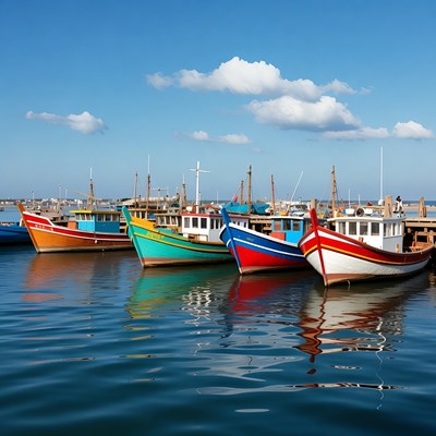 Colorful fishing boats docked at harbor