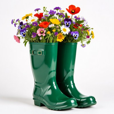 Green Rain Boots Filled with Colorful Flowers