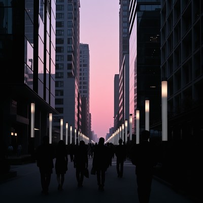 Crowd Silhouettes Walking Urban Street Sunset