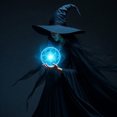 Witch holding glowing blue orb