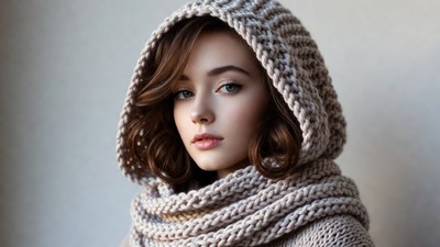 Woman in knitted hood and scarf