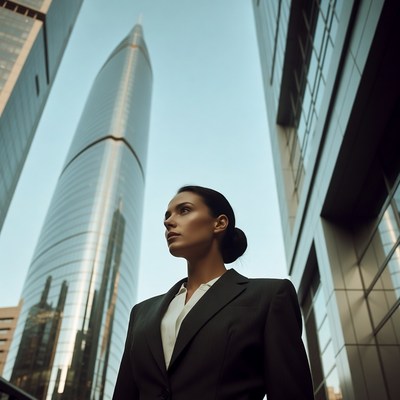 Woman in suit looking up at skyscrapers