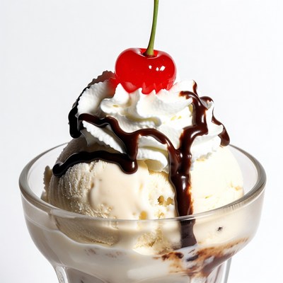 Vanilla Ice Cream with Whipped Cream and Cherry
