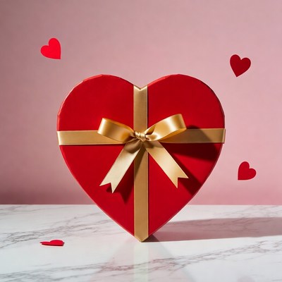 Red heart gift box with gold ribbon