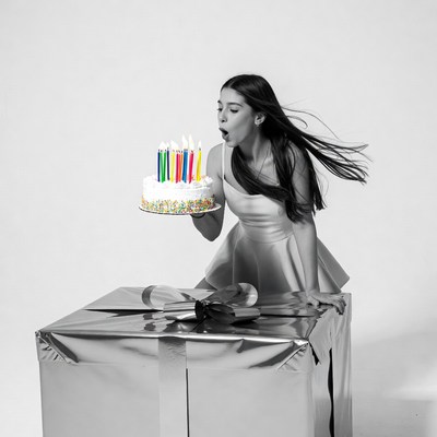 Woman blowing out birthday cake candles