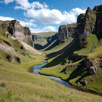 Green Valley with River and Mountains