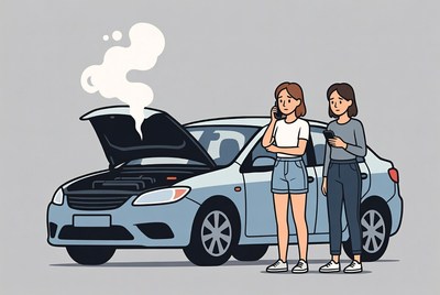 Two women with broken car on phone