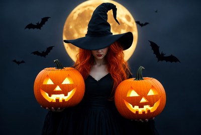Redhead Witch Holding Pumpkins