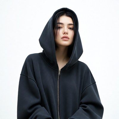 Asian woman in black hoodie