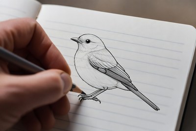 Hand drawing bird sketch in notebook
