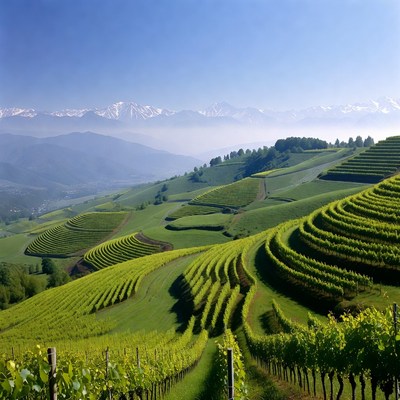 Vineyard Terraces with Snowy Mountains