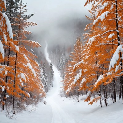Snowy Path Through Orange Larch Forest
