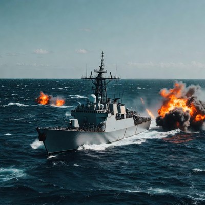 Frigate firing missiles at sea