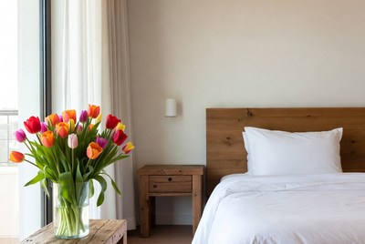 Colorful Tulips on Bedroom Nightstand