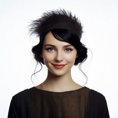 Woman with feathered headband smiling