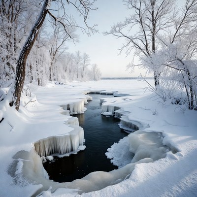 Frozen River in Snowy Forest