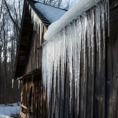 Icicles Hanging from Snowy Wooden Roof