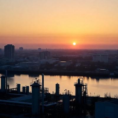 Sunset over industrial river cityscape