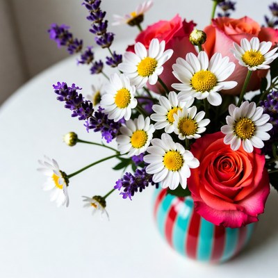Lavender Daisies Roses in Striped Vase