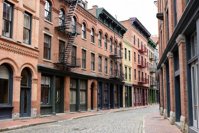Colorful Brick Row Houses on Cobblestone Street