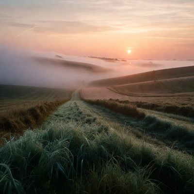 Sunrise over misty rolling fields