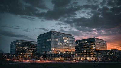 Modern Glass Office Buildings at Sunset