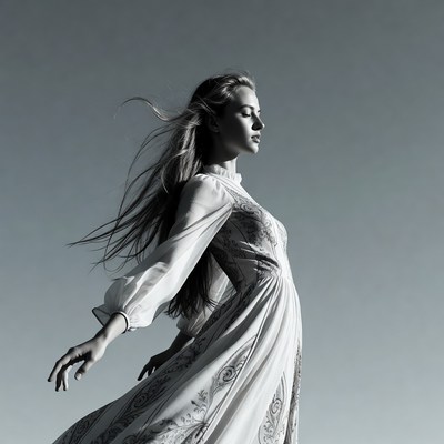 Woman in flowing dress with wind-blown hair