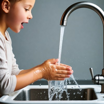 Young girl washing hands at sink