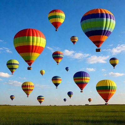 Colorful Hot Air Balloons Over Green Field