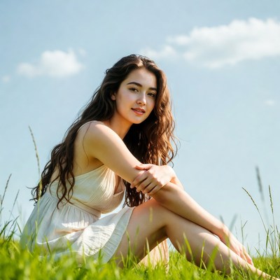 Young woman sitting in grass field