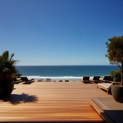 Ocean View Wooden Deck with Lounge Chairs