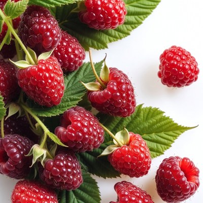 Fresh Raspberries with Leaves