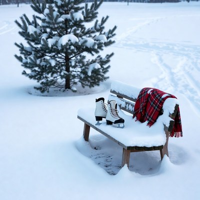 Ice skates and plaid blanket on snowy bench