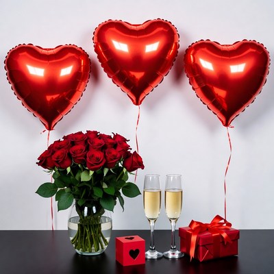 Red Heart Balloons Roses Champagne Gift