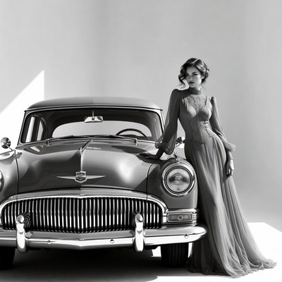 Woman leaning on vintage car