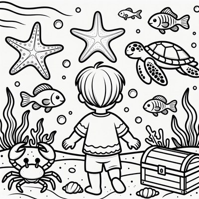 Boy viewing underwater sea creatures coloring page